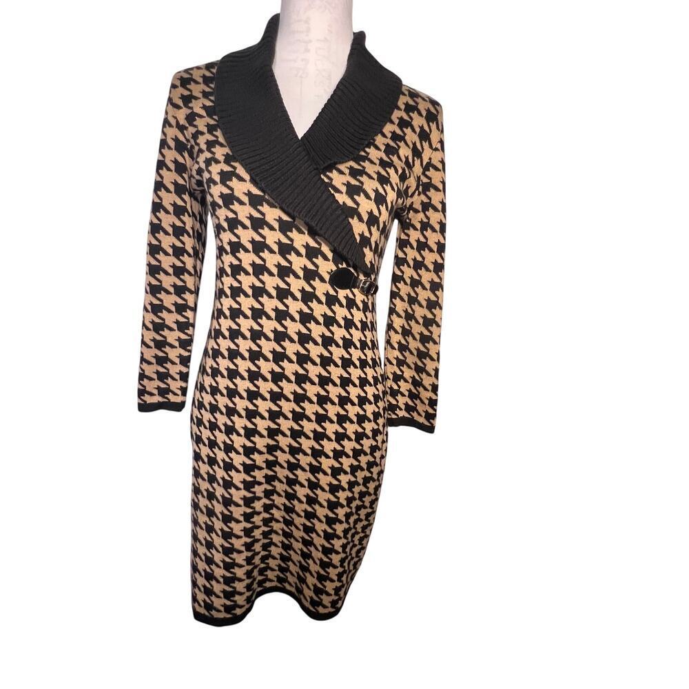 Calvin Klein Womens S Houndstooth Print Ribbed Shawl Collar Waist Buckle‎ Dress